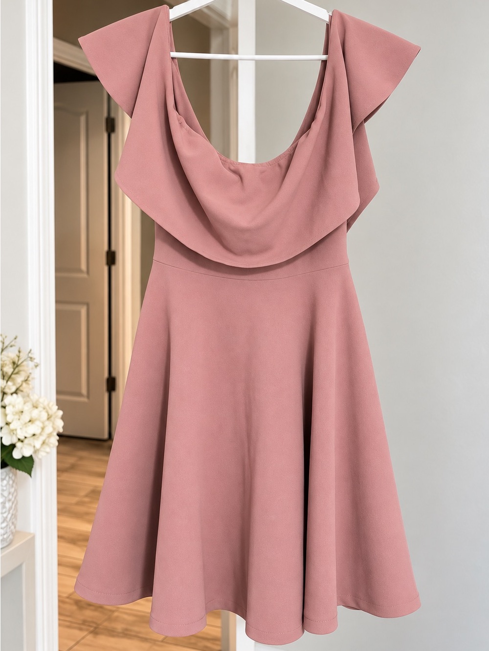 Dusty Rose Pink Off Shoulder Ruffle Fit & Flare Dress – Size M